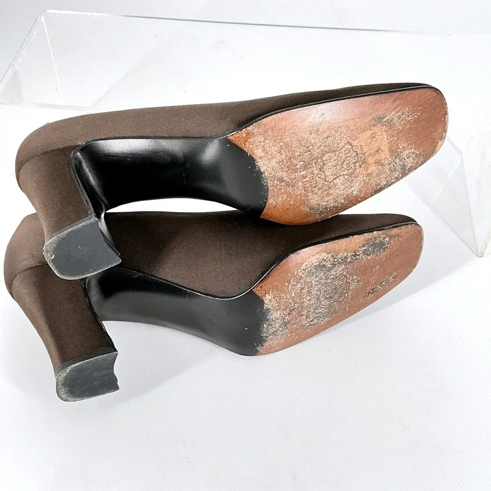 Stuart Weitzman Size 6.5 Brown Satin Square Toe Block Heel Pumps